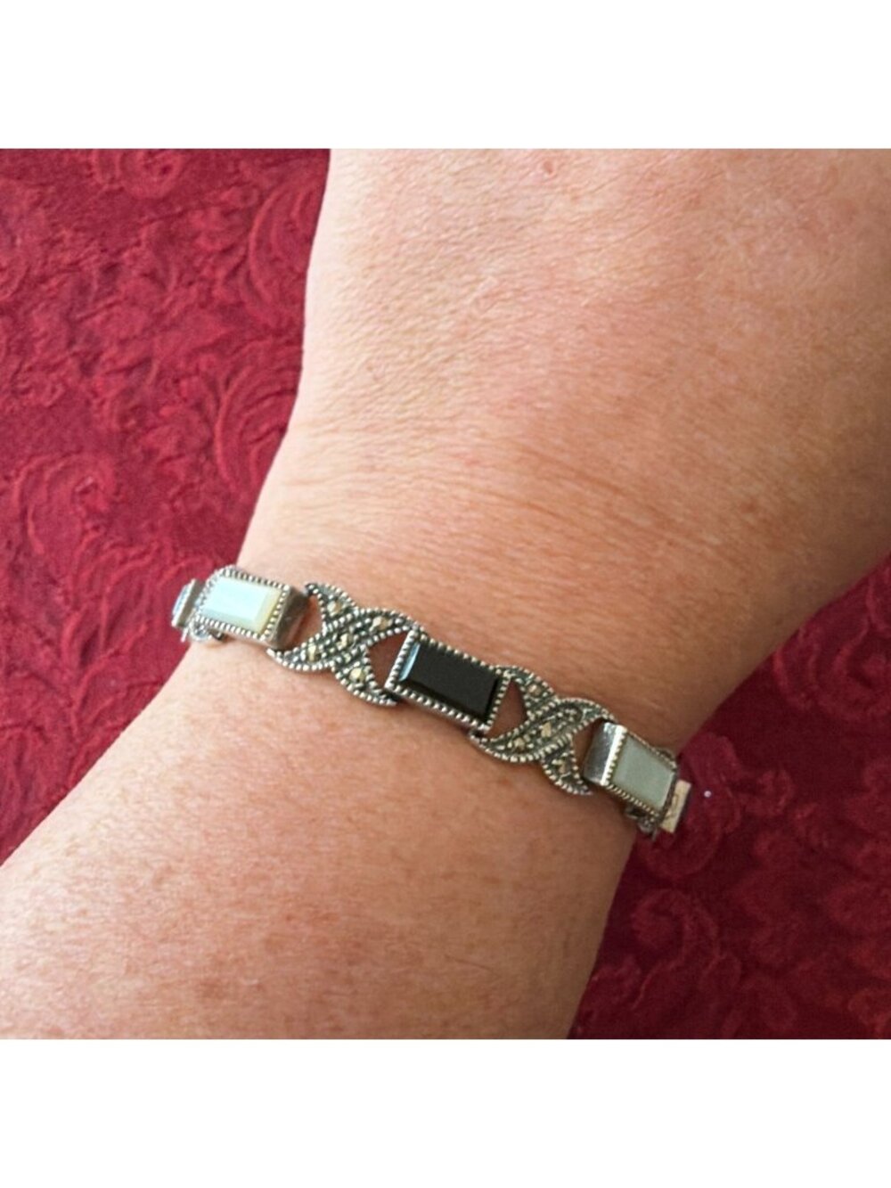Vintage 925 Sterling Silver Black Onyx Mother Of Pearl Marcasite Bracelet